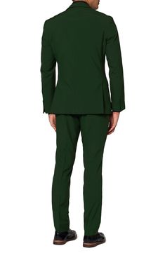 A wash of deep, bold green brings entrance-making distinction to a suit that keeps you crisp and smart in a jacket, pants and matching tie. Includes matching jacket, pants and tie 100% polyester Machine wash, line dry Imported Green Suits With Welt Pockets For Semi-formal Occasions, Semi-formal Green Suits With Welt Pockets, Green Semi-formal Suits With Welt Pockets, Fitted Green Blazer With Welt Pockets, Tailored Green Suits With Pressed Crease, Elegant Green Business Casual Suits, Classic Green Blazer With Pressed Crease, Green Formal Suit With Welt Pockets, Formal Green Blazer With Pressed Crease