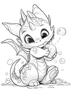 an adorable little dragon sitting on the ground with bubbles around it's feet and eyes