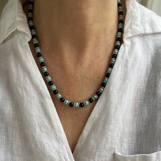 Natural Kingman Turquoise Necklace, Black Onyx & Sterling Silver Beaded Necklace, Genuine Turquoise Necklace, Boho Choker, Gemstone Necklace - Etsy Boho Choker Necklace, Silver Beaded Necklace, Necklace Extender, Boho Choker, Turquoise Bead Necklaces, Silver Bead Necklace, Ohio Usa, Small Flat, Onyx Bead