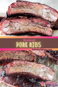 grilled pork ribs on parchment paper with text overlay that reads smoked pork ribs