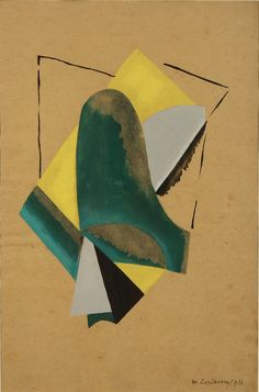 an abstract painting with green, yellow and black shapes on brown paper in front of a beige background