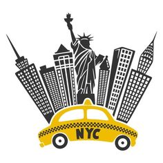 the statue of liberty and taxi cab in new york city, with skyscrapers behind it