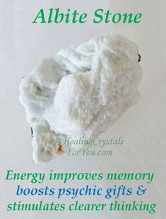 Albite energy improves memory boosts psychic gifts & stimulates clearer thinking. Activates the brain by its action within the crown chakra #clearthinking #helpsmemory #Albite #improvesmemory #HealingCrystals #CrystalProperties #MeaningsandUse The Crown Chakra, Parapsychology, Crystal Guide