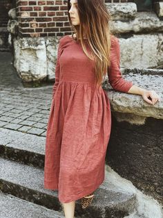 "Spring dress, Handmade cinnamob color linen dress with 3/4 long sleeves and 2 pockets , perfect for casual wear and suitable for any occasion in any season Details: - 100% natural linen produced in Europe ; - medium weight (180 gram per square meter); - color: cinnamon, could be any from colors catalogue (color samples at the photo); Made to order, approximately a few days, If you have any questions please message me and I will be glad to answer. Size guide : Size XS Bust: fits bust around 33\" Terracotta Dress, Wrap Dress Casual, Linen Casual Dress, Summer Wrap Dress, Natural Linen Dress, Linen Dress Summer, Ginger Dress, Linen Dress Women, Summer Linen Dresses