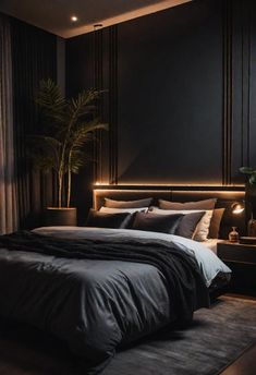 a large bed sitting next to a window in a dark colored room with two lamps on either side of the bed