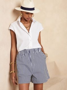 Lunch Dresses, Gingham Napkins, Linen Pant, Bermuda Short, Easy Style, Silk Trousers, Summer Blue, Poplin Fabric, Striped Shorts