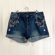 Bloomchic Nwt Embroidered Denim Jean Shorts Size 22 Cuffed Embroidered Dark Wash Bottoms For Summer, Dark Wash Embroidered Bottoms For Summer, Embroidered Medium Wash Denim Jean Shorts, Embroidered Denim Blue Jean Shorts, Medium Wash Cotton Jean Shorts With Floral Embroidery, High Waist Cotton Jean Shorts With Floral Embroidery, Embroidered Denim Jean Shorts In Blue, Spring Embroidered Denim Blue Jean Shorts, Cotton Jean Shorts With Floral Embroidery In Medium Wash