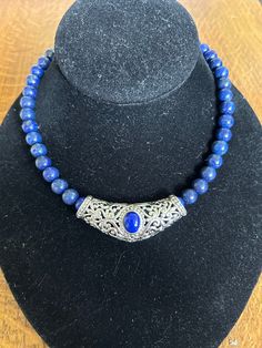 "Beautiful Sterling Silver and Lapis lazuli Slide Pendant measuring 2\" long and 3/4\" wide with 20\" Beaded Necklace" Blue Lapis Lazuli Necklace With Large Beads, Blue Lapis Lazuli Jewelry With Large Beads, Blue Lapis Lazuli Jewelry With Silver Beads, Marcasite Earrings, Lapis Lazuli Pendant, Athens Ga, Mother Of Pearl Necklace, Medallion Necklace, Beaded Necklaces