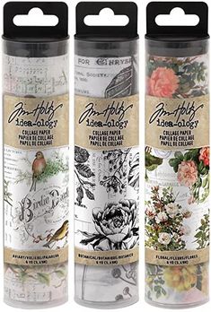 three different types of paper with flowers and birds on them, each in a tube