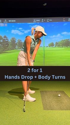 an image of a man playing golf on the computer screen with text that reads 2 for 1 hands drop and body turns