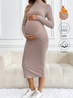 Maternity Solid Color Stand Collar Slim Fit Casual Long Sleeve Dress, Dress, Spring Autumn Pink Casual  Long Sleeve Knitted Fabric Plain  Medium Stretch  Maternity Clothing, size features are:Bust: ,Length: ,Sleeve Length: Winter Maternity Dress, Casual Dress Spring, Latest Maternity Dresses, Shein Maternity, Preggo Fashion, Maternity Midi Dress, Winter Maternity, Spring Dresses Casual, Long Sleeve Casual Dress