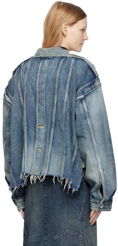 Non-stretch denim jacket. Fading, distressing, and raw edges throughout. · Spread collar · Button closure · Flap pockets · Frayed edge at hem · Single-button barrel cuffs · Locker loop at back collar · Logo-engraved silver-tone hardware · Contrast stitching in tan Supplier color: Blue Streetwear Denim Jacket With Frayed Hem, Denim Blue Outerwear With Frayed Hem For Streetwear, Oversized Denim Jacket With Frayed Hem For Streetwear, Oversized Denim Blue Jacket With Frayed Hem, Denim Outerwear With Frayed Hem For Streetwear, Denim Jacket With Frayed Hem For Streetwear, Denim Blue Button-up Jacket With Frayed Hem, Dark Wash Denim Jacket With Frayed Hem For Streetwear, Distressed Denim Jacket In Recycled Denim