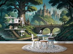 a room with a wall mural that has a castle in the background and trees around it