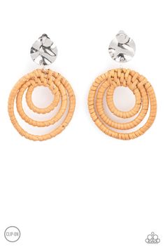 A hammered silver disc attaches to rippling hoops wrapped in wicker-like cording, creating an earthy lure. Earring attaches to a standard clip-on fitting. Live Text, Brown Earrings, Mobile Boutique, Gold Disc, Hammered Gold, Paparazzi Accessories, Eye Stone, White Rhinestone, Pink Cat