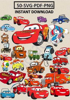 cars and trucks are featured in this disney pixama poster, which features the characters from