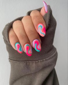 Pattern Gel Nails, Flashy Nails Summer, Cute Colorful Nail Designs, Groovy Gel Nails, Bright Abstract Nails, Pink Groovy Nails, Quirky Nail Designs, Bonnaroo Nails, Cute Funky Nails Summer