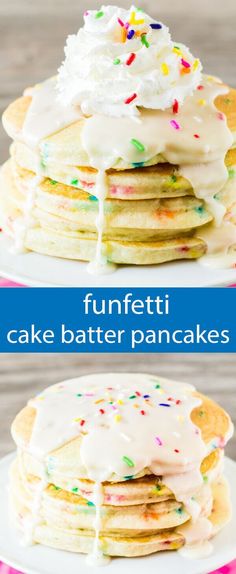 pancakes with white frosting and sprinkles are stacked on top of each other