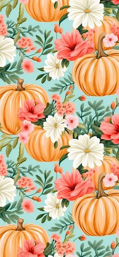 a blue background with orange and white pumpkins, flowers and leaves on the bottom