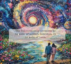 two people standing on a dock looking at the stars in the night sky with a quote written