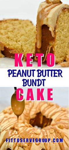 two pictures with the words keto, peanut butter bundt cake and caramel drizzle on top