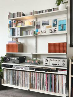 an entertainment center filled with lots of records