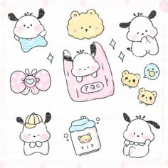 an image of some cute animals on a white background with pink and blue decorations around it