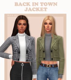 two women in jackets and jeans standing next to each other with the caption back in town jacket