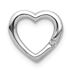 Rhodium over 14k white gold diamond heart chain slide. Measures approximately 3/8"L x 3/8"W. White Gold Heart Charm Jewelry With Round Cut, Heart-shaped Sterling Silver Jewelry With Single Diamond, White Gold Jewelry With Heart Charm In Round Cut, White Gold Jewelry With Heart Charm And Round Cut, White Gold Heart Cut Jewelry With Polished Finish, White Gold Jewelry With Heart Charm, Silver Open Heart Brilliant Cut Jewelry, Diamond Heart Pendant With Polished Finish, Silver Open Heart Diamond Jewelry