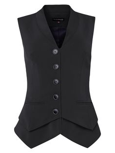 Embodying the concept of power suiting, this sharply tailored black vest features a V-neckline with button closure, pointed hemline, jetted pockets, and a tailored fit. Cut from a luxurious stretch crêpe, it is versatile enough to style and wear repeatedly.  Its smooth satin lining ensures it will layer bulk-free over shirting – though we suggest wearing it solo for a more daring look. Harmonise it with its matching Magnetic Power High-Waist Straight-Leg Trousers to complete the flattering silhouette. Hand wash only. Wash inside out with like colours. Do not wring or twist. Do not tumble dry. Iron at 160°C max or use press cloth. Do not bleach. Professional dry clean. Character Clothing, Black Vest, Blazer With Jeans, Polyester Satin, Straight Leg Trousers, Professional Outfits, Jacket Sale, Black Media, Badger