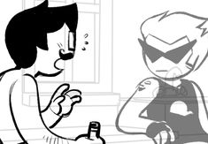 a drawing of a man holding a cell phone next to a cartoon character with an angry look on his face