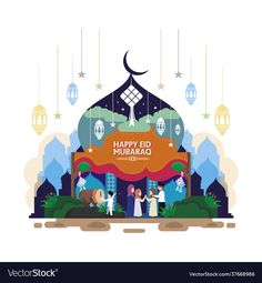 happy eid mubarak greeting card with people celebrating the festival and hanging lanterns