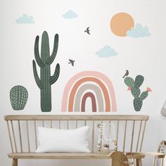 a baby's room with cactus wall decals and a wooden bench in the foreground