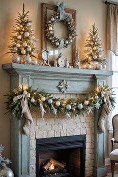 a fireplace decorated for christmas with stockings and wreaths on it's mantel