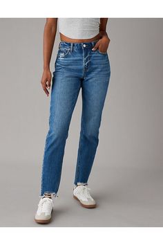 Rigid in the front. Stretchy in the back. Magic all over with innovative 50/50 construction/Comfort Stretch Waistband for an extra dose of comfy!/Medium wash/Distressed hem Random Clothes, Mom Jean, 50 50, Women's Jeans, American Eagle Outfitters, Mom Jeans, American Eagle, Women Jeans, Clothes