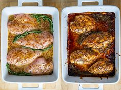 two white casseroles filled with chicken covered in herbs and seasoning next to each other