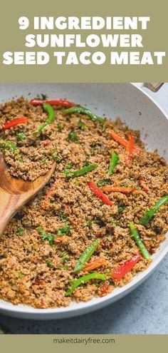 a skillet filled with ground beef and vegetables