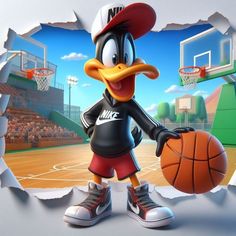 a cartoon duck wearing a hat and holding a basketball in front of a hole in the wall