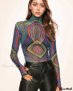 OliviaMark - Premium Long Sleeve Thumbhole T-Shirt featuring Exquisite 3D Print Design and Semi-Transparent High Neck Base Layer 3d Print Design, Stand Collar Shirt, Tied T Shirt, Fall Attire, Lace Trim Shorts, Maxi Dresses Fall, Layered T Shirt, Sophisticated Dress, Long Sleeve Print Dress