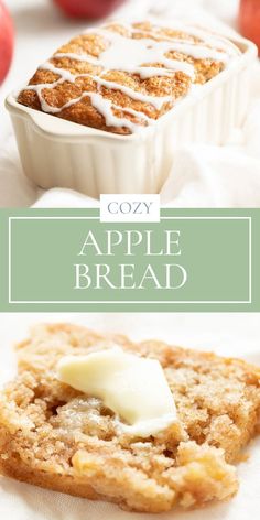 an apple bread with white icing in a dish and on the table next to apples