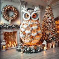 an owl statue sitting on top of a wooden floor in front of christmas decorations and candles