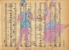 an old sheet music with two men in pink and blue