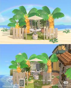 an animated beach scene with palm trees and a small house on the beach, in two separate screens