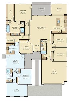 the floor plan for a two story home with three bedroom and an attached living area