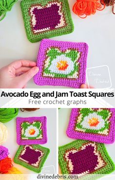 Learn to make the fun and colorful Avocado Egg and Jam Toast Squares from free crochet graphs. Great for crochet, knitting, tunisan crochet, cross stitch, and any other fiber arts. Crochet Cross Stitch, Jam Toast, Friends Crochet, Crochet Graphs, Cooling Scarf, Crochet Cross, Modern Crochet, Little Designs, Crochet Square