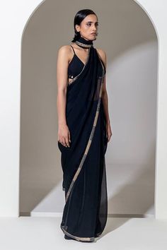 Black organza saree with sequin and bead embroidered border. Comes with a one metre unstitched blouse piece. - Aza Fashions Evening Chanderi Blouse Piece With Mirror Work, Evening Pre-draped Chanderi Saree With Unstitched Blouse, Traditional Chanderi Evening Saree, Traditional Pre-draped Saree With Cutdana For Evening, Unstitched Chanderi Evening Pre-draped Saree, Evening Organza Saree With Mirror Work, Evening Anarkali Saree With Mirror Work, Evening Chanderi Pre-draped Saree For Eid, Evening Organza Pre-draped Saree With Cutdana