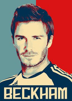 a man with a beard in front of a red, blue and white background that says beckham