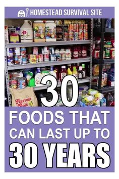 the words 30 foods that can last up to 30 years in front of shelves with food items