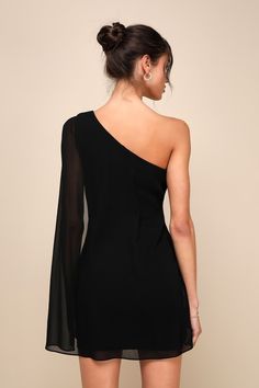 Everyone will be in awe of you when you stride in wearing the Lulus Majestic Energy Black Cape Sleeve One-Shoulder Mini Dress! This elegant little dress has a slightly stretchy, techno crepe knit composition that features a stunning one-shoulder neckline framed by a sheer long cape sleeve that continues across the back. A princess-seamed bodice sits atop a figure-skimming bodycon skirt that ends at a cute mini hem. Hidden side zipper/clasp. Fit: This garment fits true to size. Length: Mid-thigh. Cape Sleeve Dress, Short Cocktail Dresses, Dresses For Juniors, Dress Cape, Long Cape, Black Cape, Lulu Fashion, Cape Sleeves, Adhesive Bra