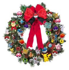 a christmas wreath with pokemon decorations on it