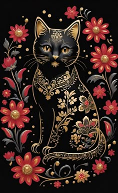 a black and gold cat with red flowers on it's chest sitting in front of a black background